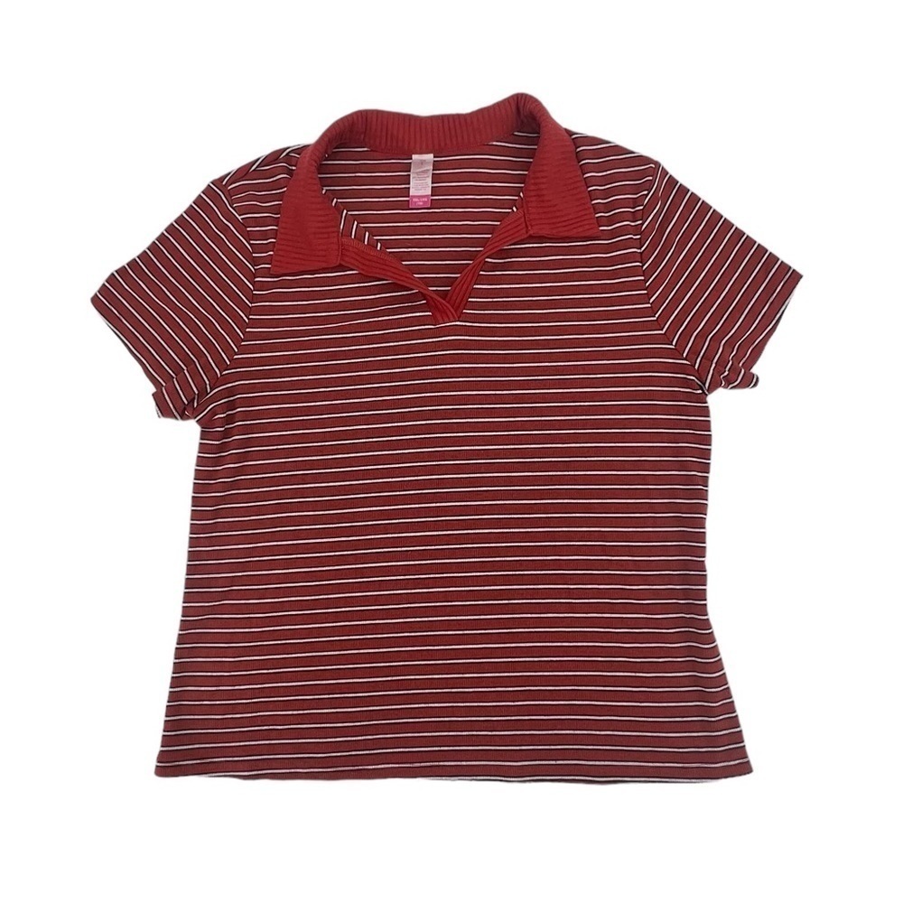 No Boundaries Red Black Striped Collared Short Sleeve Top Size XXL Women’s
